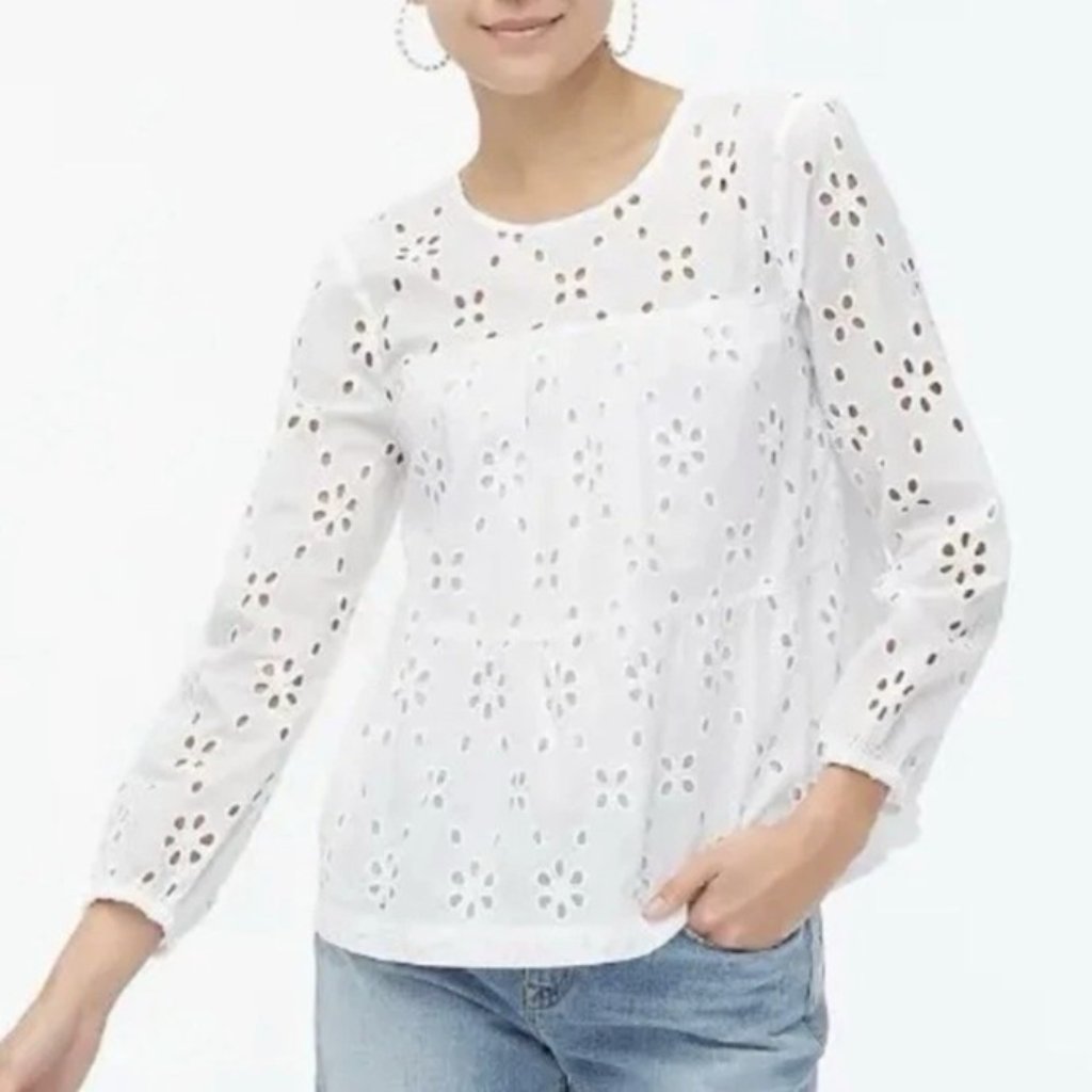 J. Crew Factory White Eyelet Tiered Popover Long Sleeve Top, Xl,100% Cotton